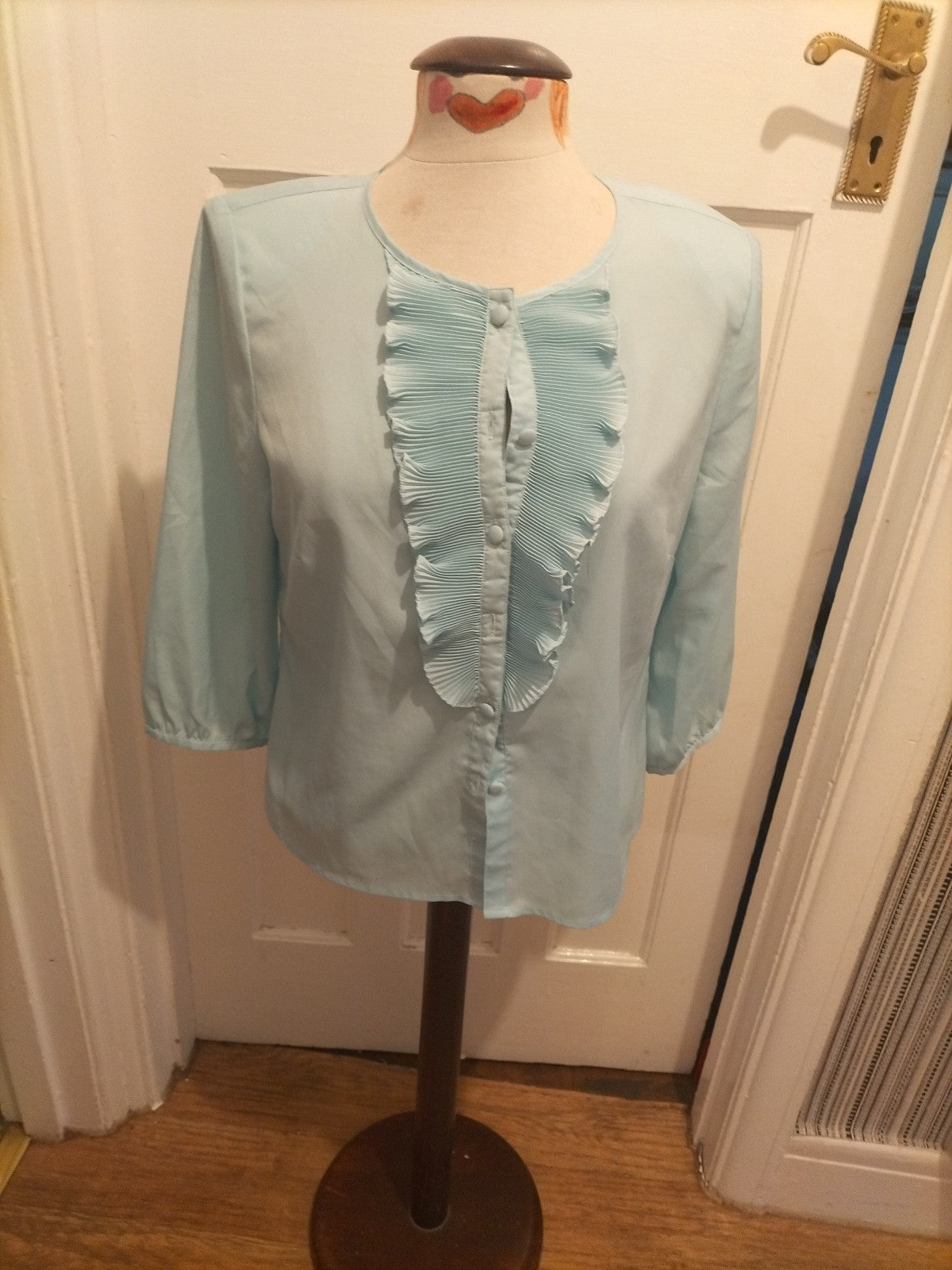 Ladies Eastex Size 12 Pale Turquoise Ruffle Short Sleeved Blouse