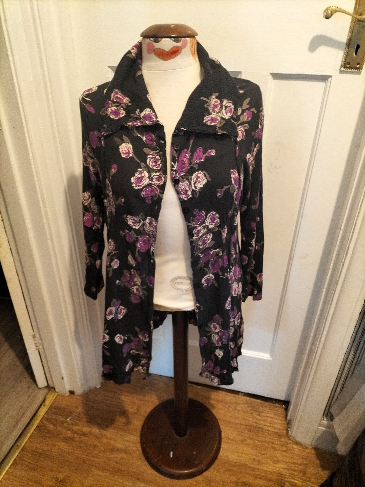 Ladies Masai Size Small Black With Purple Floral Long Sleeved Buttoned Dress
