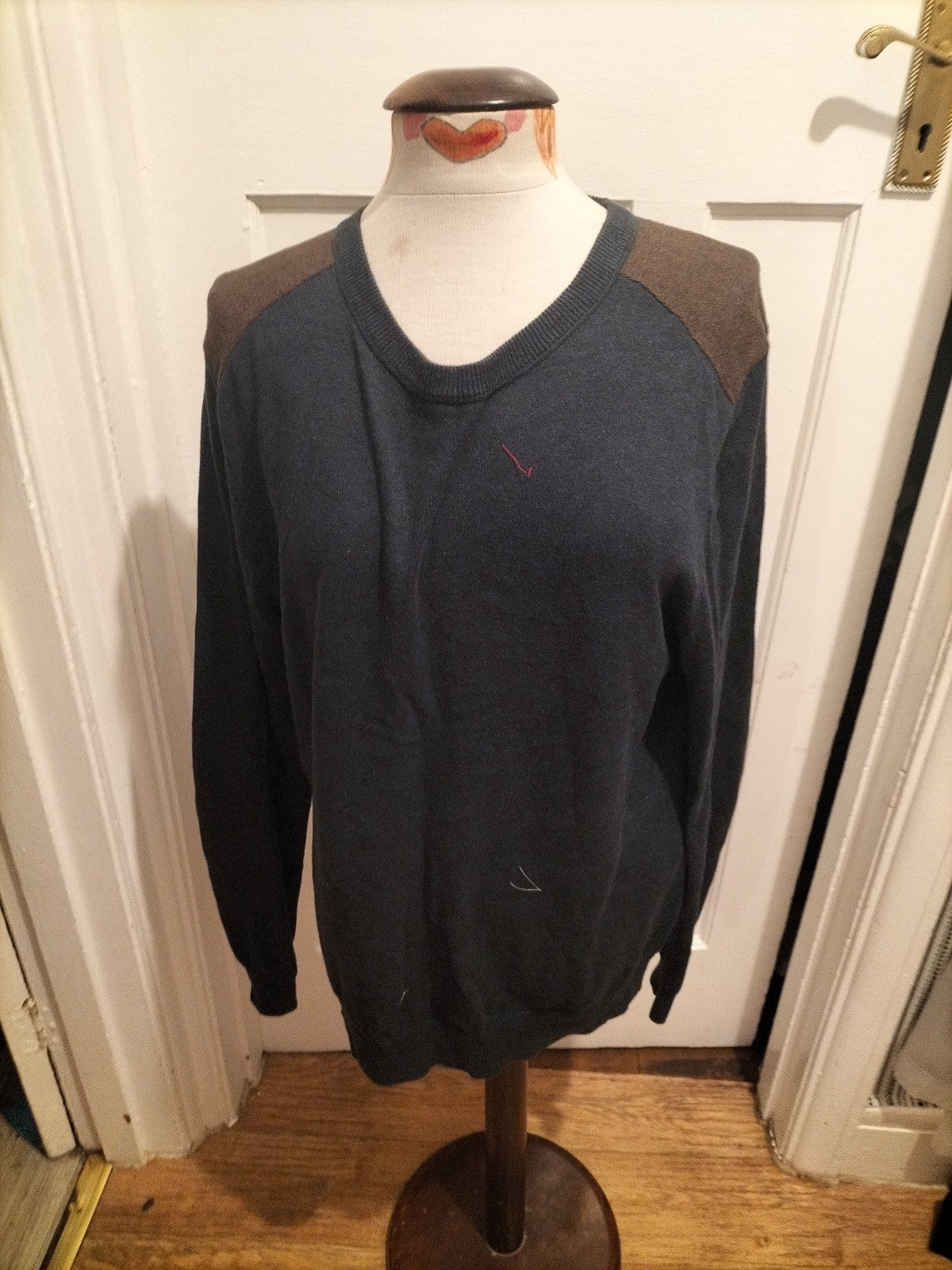 Mens Next Size Medium Navy With Brown Shoudlers Pullover Jumper