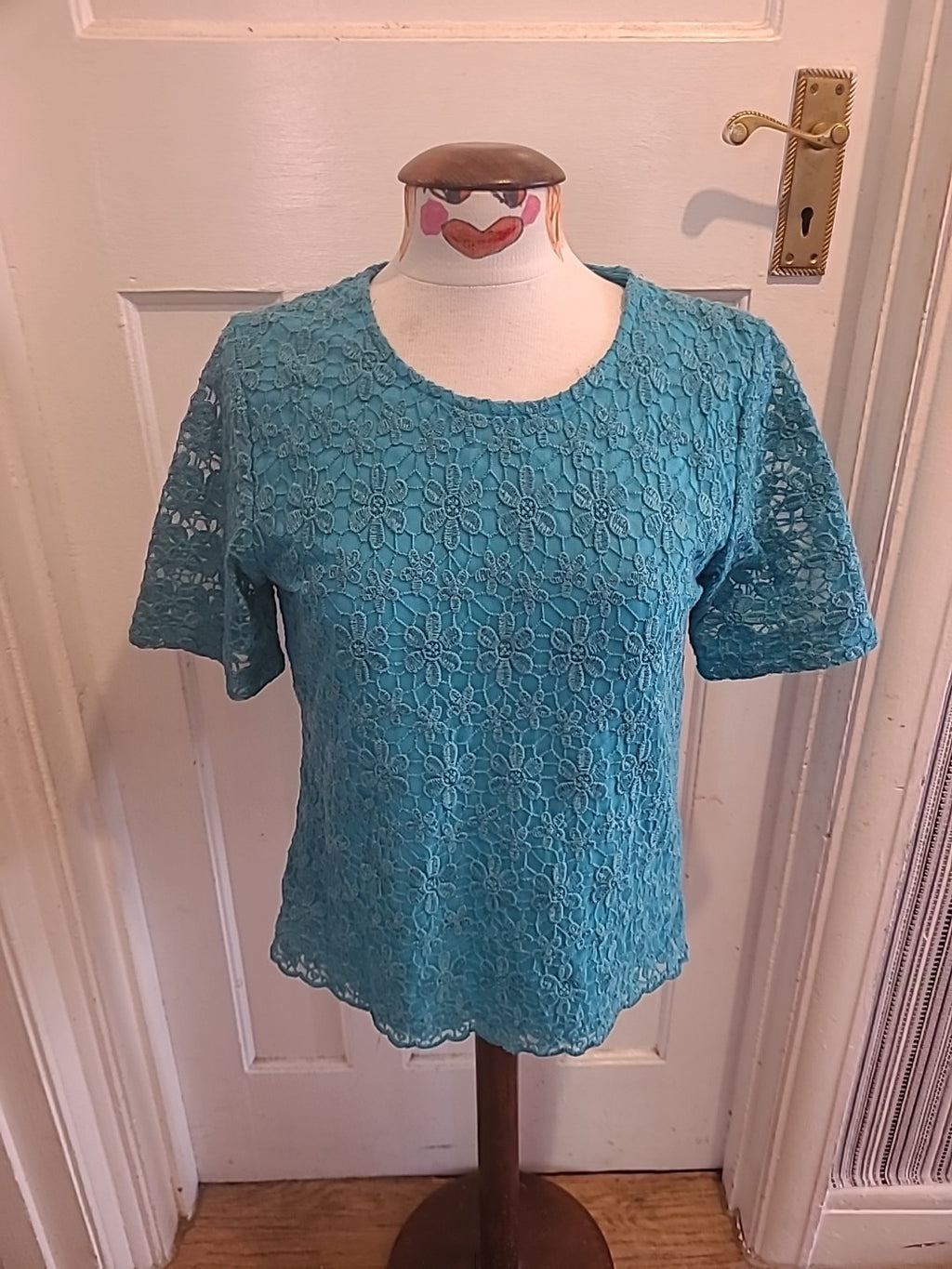 Ladies Emma Blake Size 12 Turquoise Lace Lined Short Sleeved Blouse