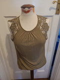 Ladies H&M Size Small Khaki Lace Detailed Shoulders Sleeveless Top(Mark On Front