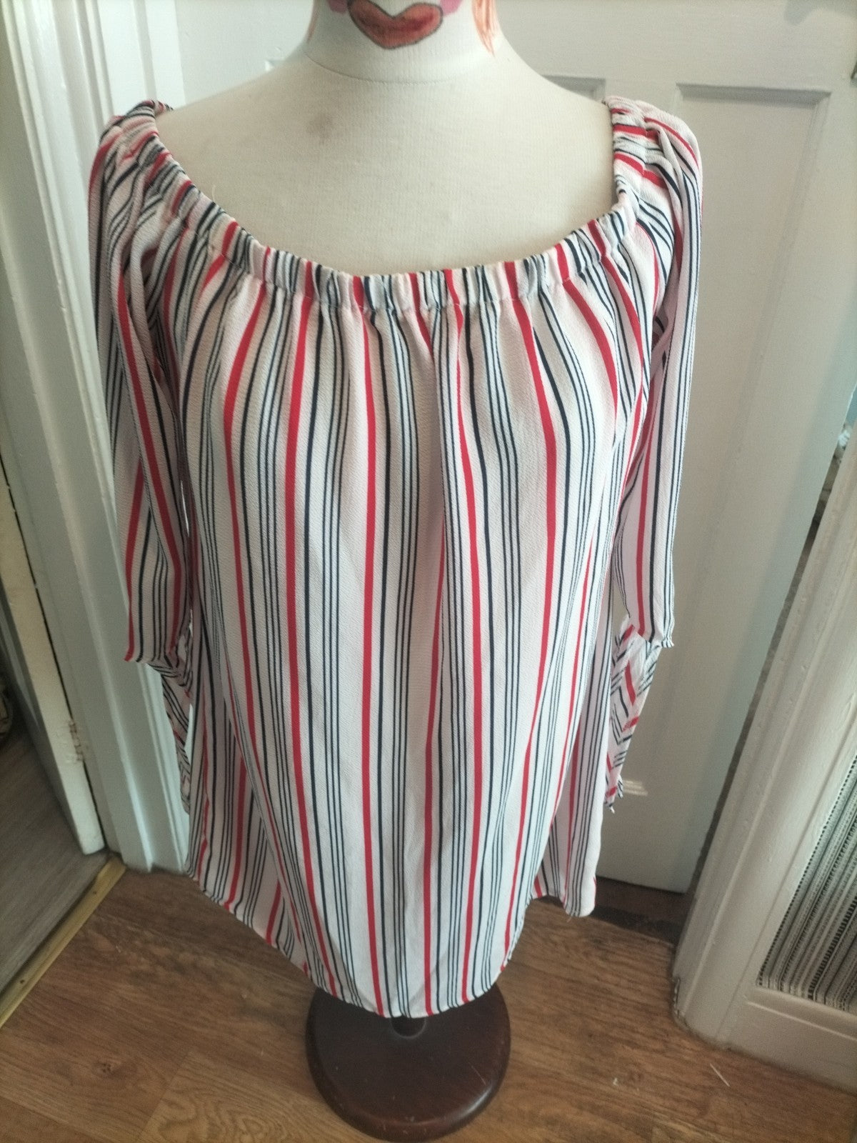 Ladies New Look Size 16 Red/White/Blue Striped Mid Sleeved Dress