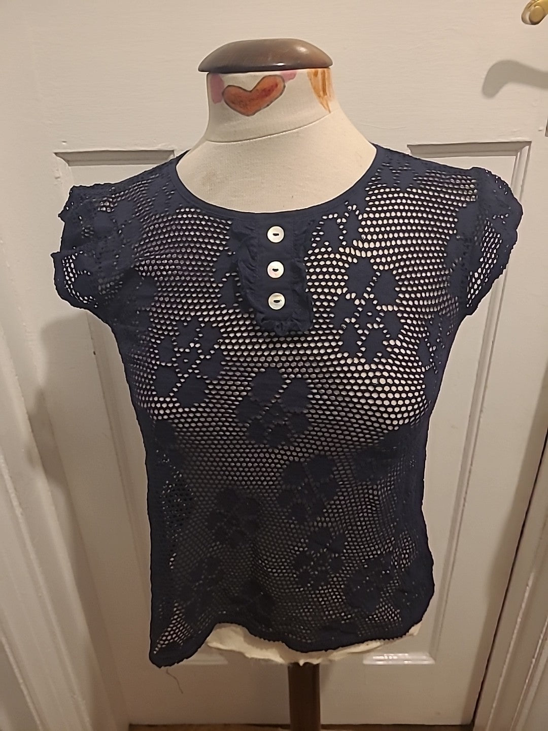 Ladies Topshop Size 10 Navy See Through Sleeveless Tshirt