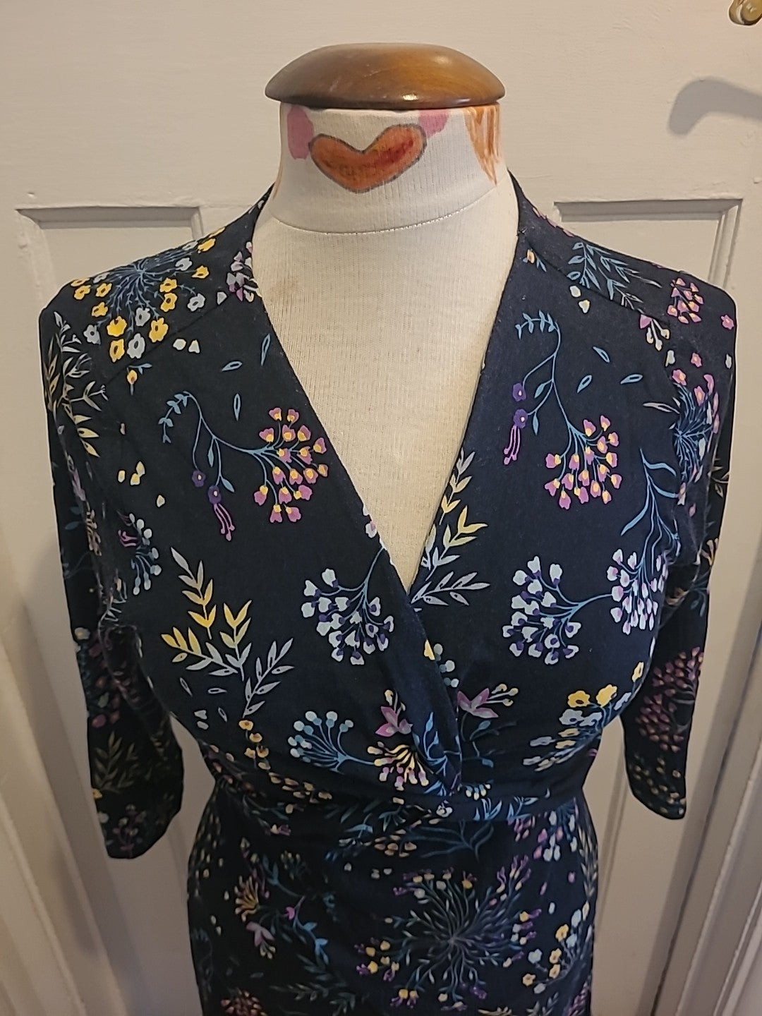 Ladies Per Una Size 10 Navy With Multi Floral Layered Chest Detailed Dress