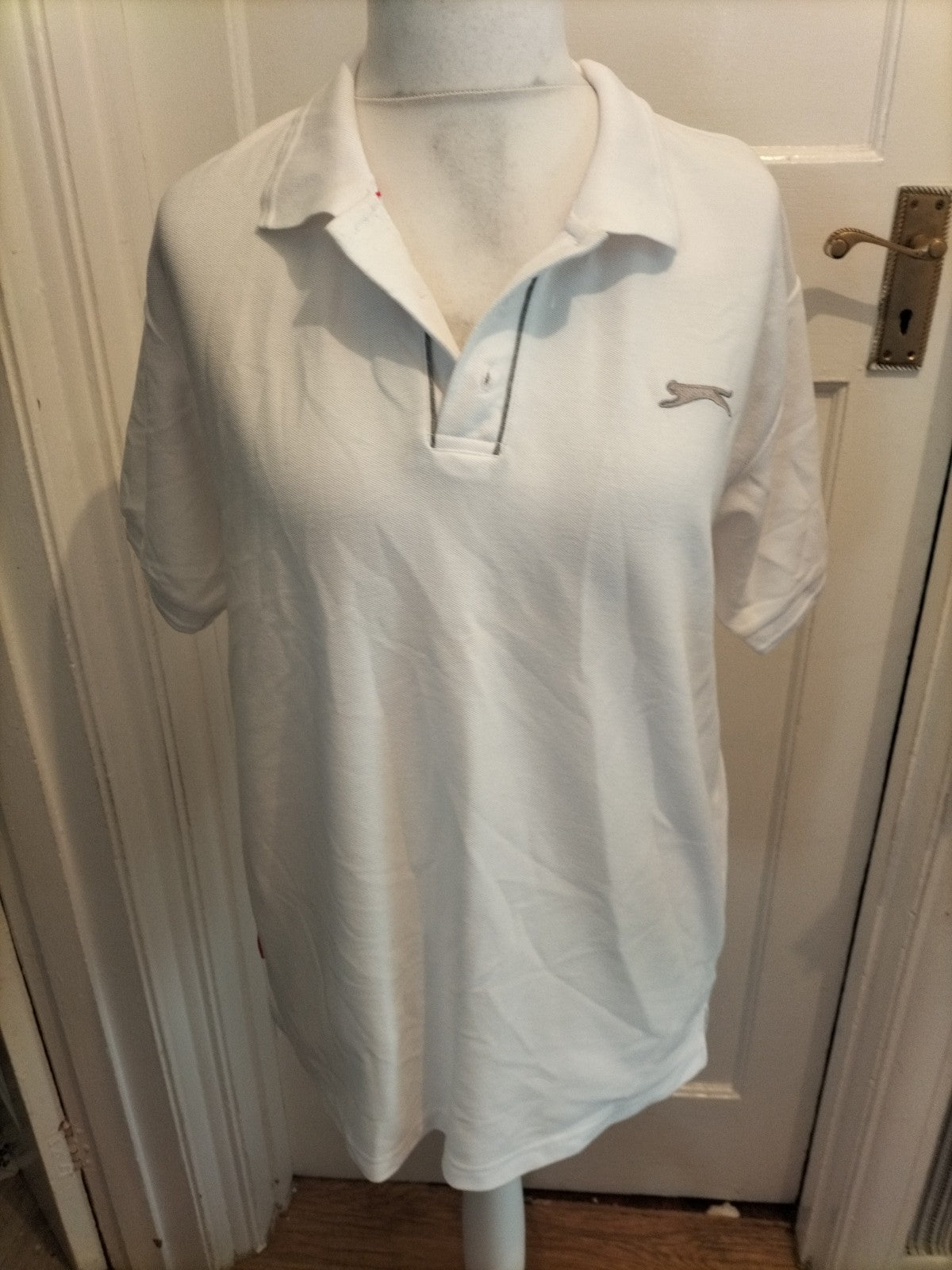 Mens Slazenger Size L White With Grey Logo Short Sleeved Polo