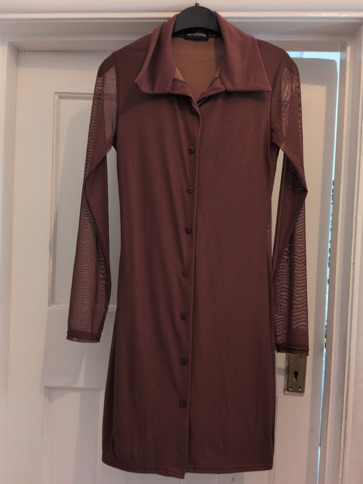 Prettylittlething 8 Brown Collared Long Sleeve Dress Midi