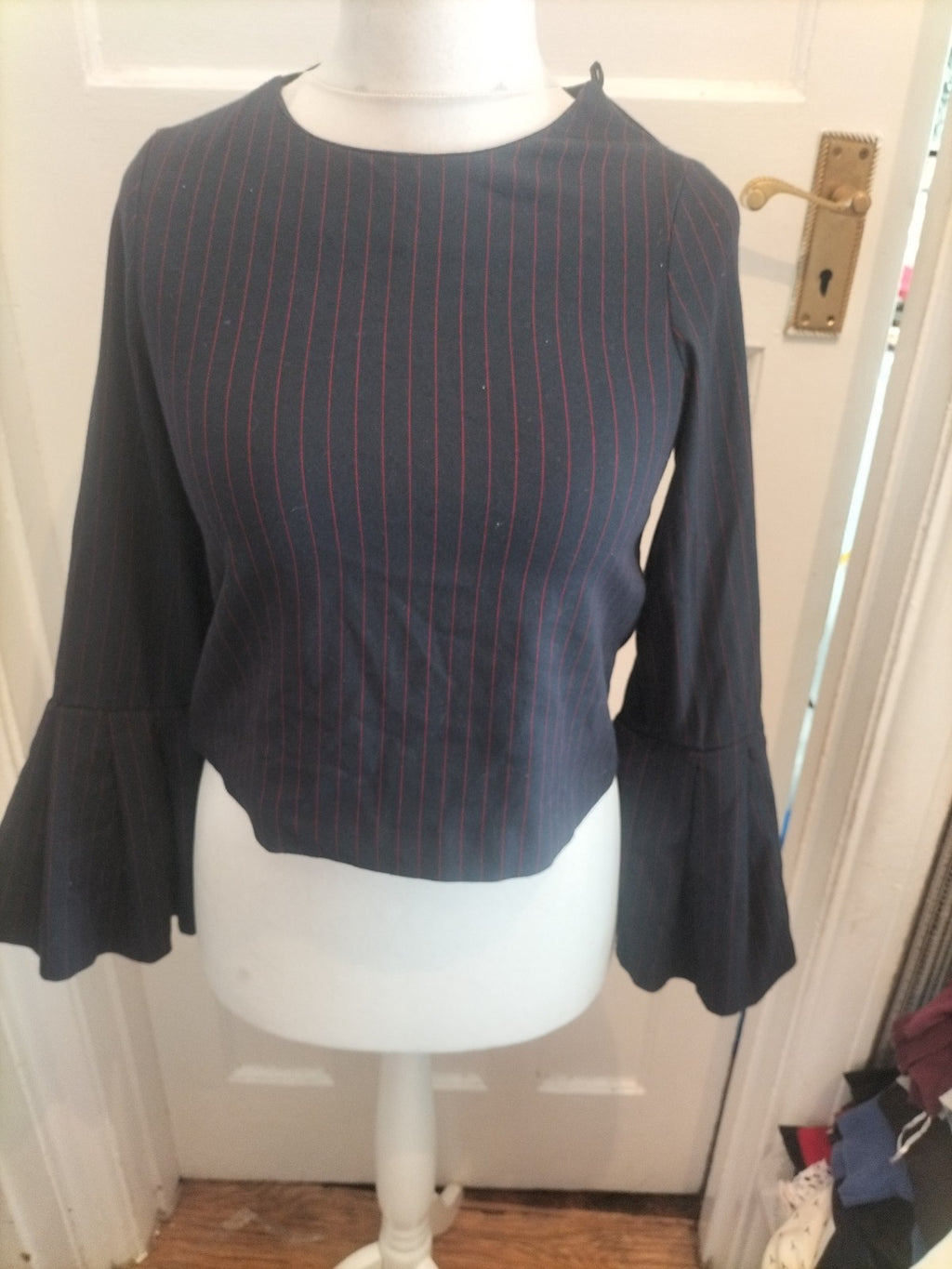 Zara Trafaluc XS Navy And Red Flute Sleeve Blouse