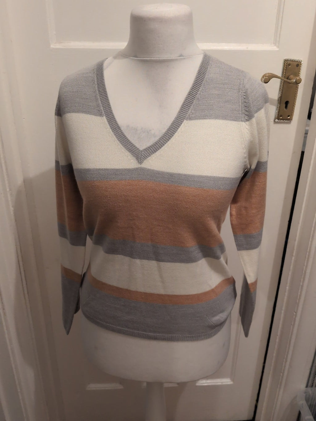 M&S Collection 8 Brown Lilac And White Stripe V Neck Jumper