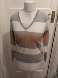 M&S Collection 8 Brown Lilac And White Stripe V Neck Jumper