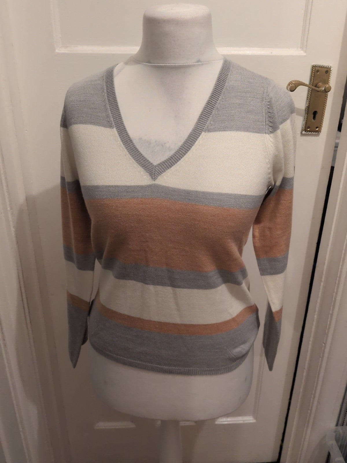 M&S Collection 8 Brown Lilac And White Stripe V Neck Jumper