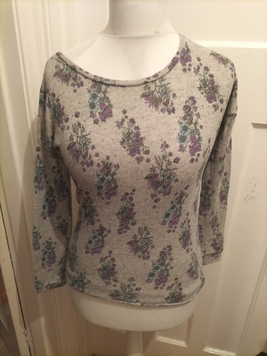 Ladies Miss Selfridge Size 8 Grey Green Purple Floral Long Sleeve Blouse