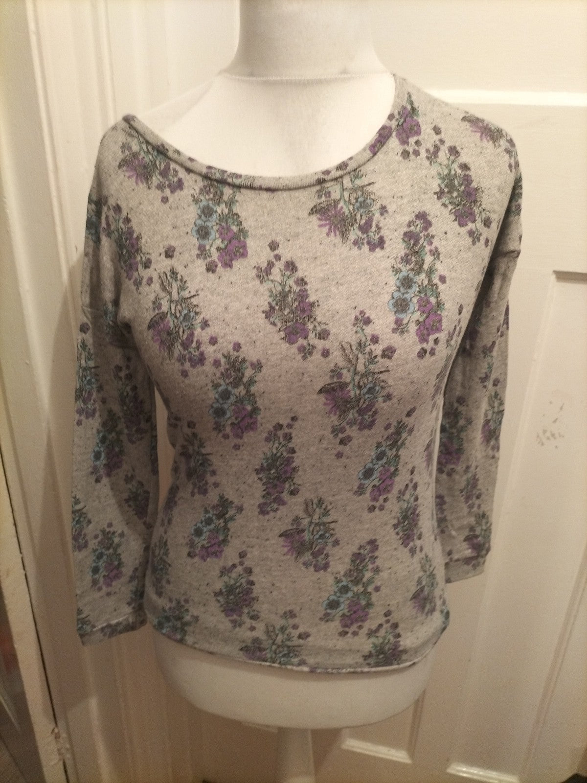 Ladies Miss Selfridge Size 8 Grey Green Purple Floral Long Sleeve Blouse