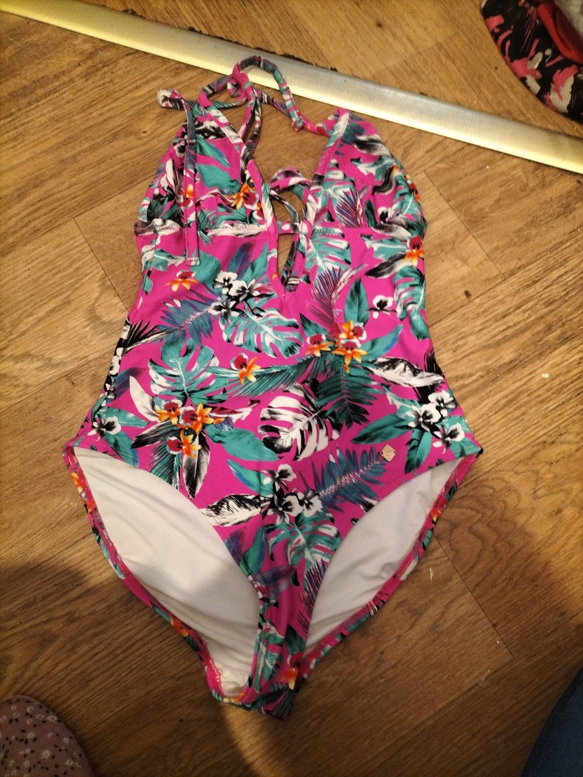 Superdry Tropical Floral Surf Halterneck Swimsuit Fluro Pink Size 10
