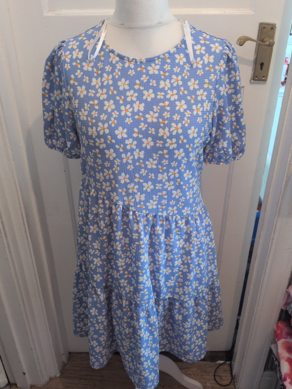 Primark 12/14 Blue And White Daisy Flower Fit And Flare Dress Short Sleeve