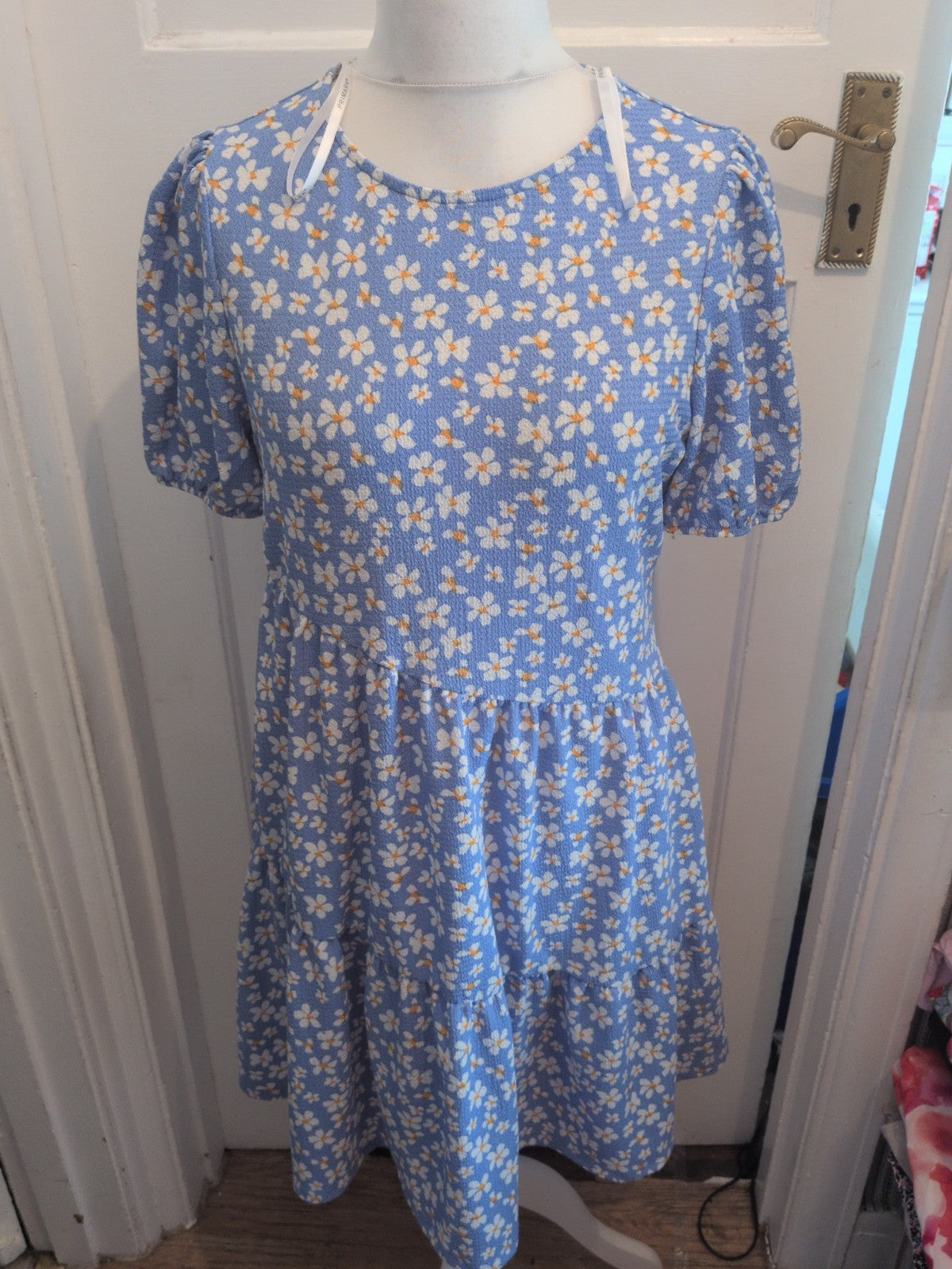 Primark 12/14 Blue And White Daisy Flower Fit And Flare Dress Short Sleeve