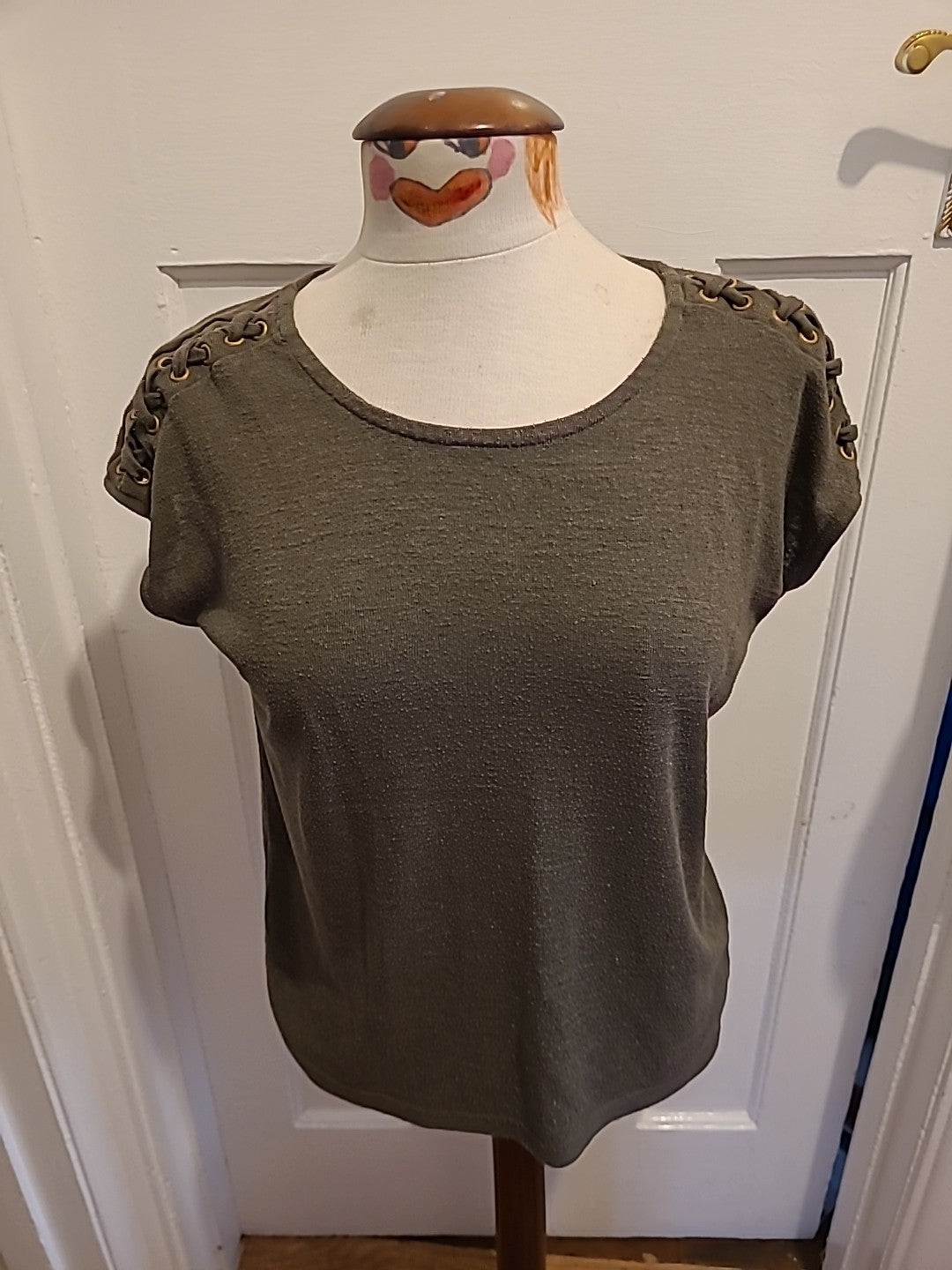 Ladies Primark Size 12 Dark Green With Detail On Shoulder Tshirt