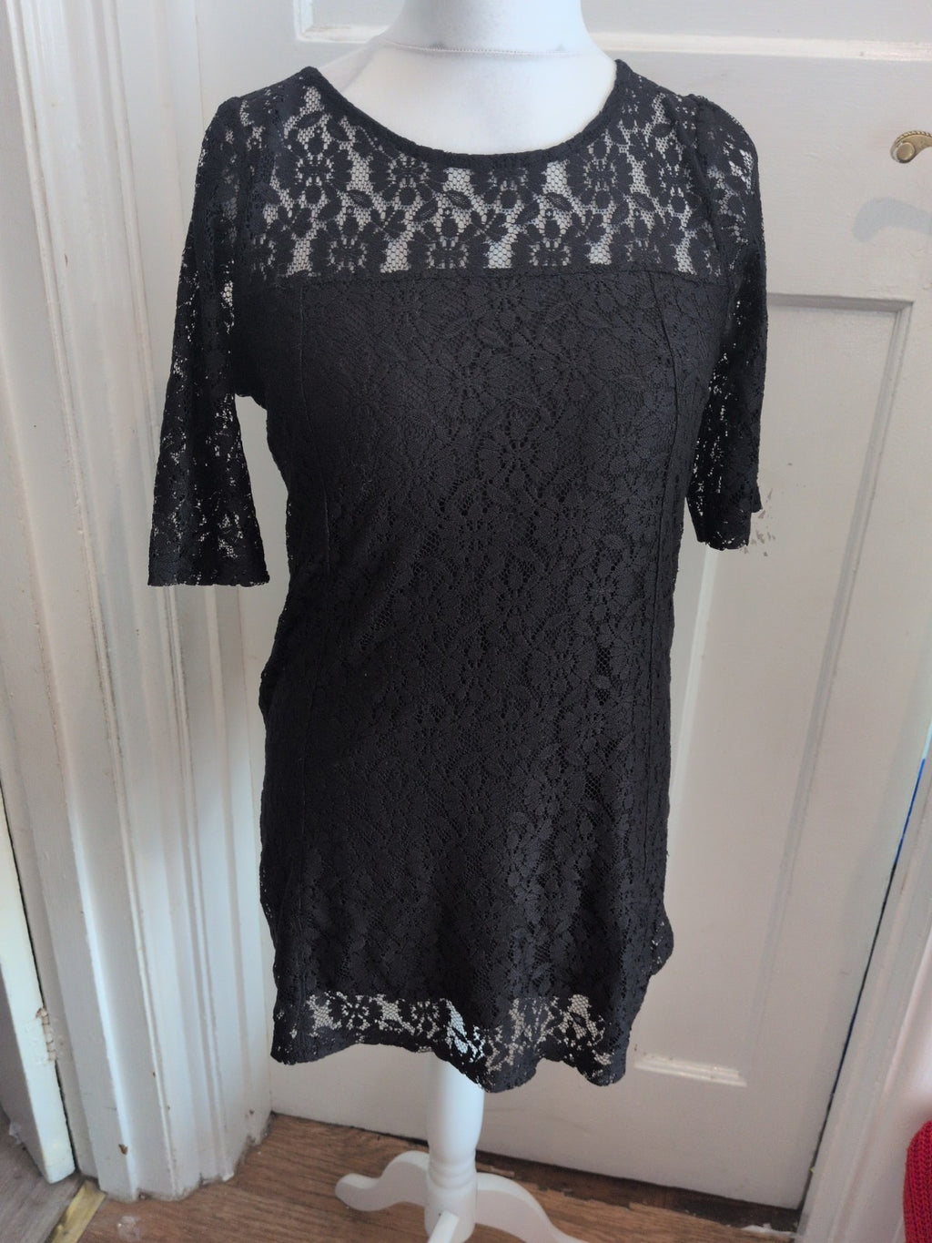 Dorothy Perkins 12 Black Lace Short Sleeve Lined Dress Knee Length