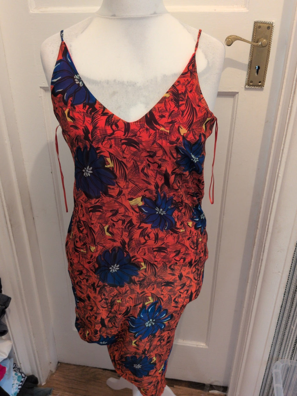 Zara Medium Orange Blue Sleeveless V Neck Dress Midi