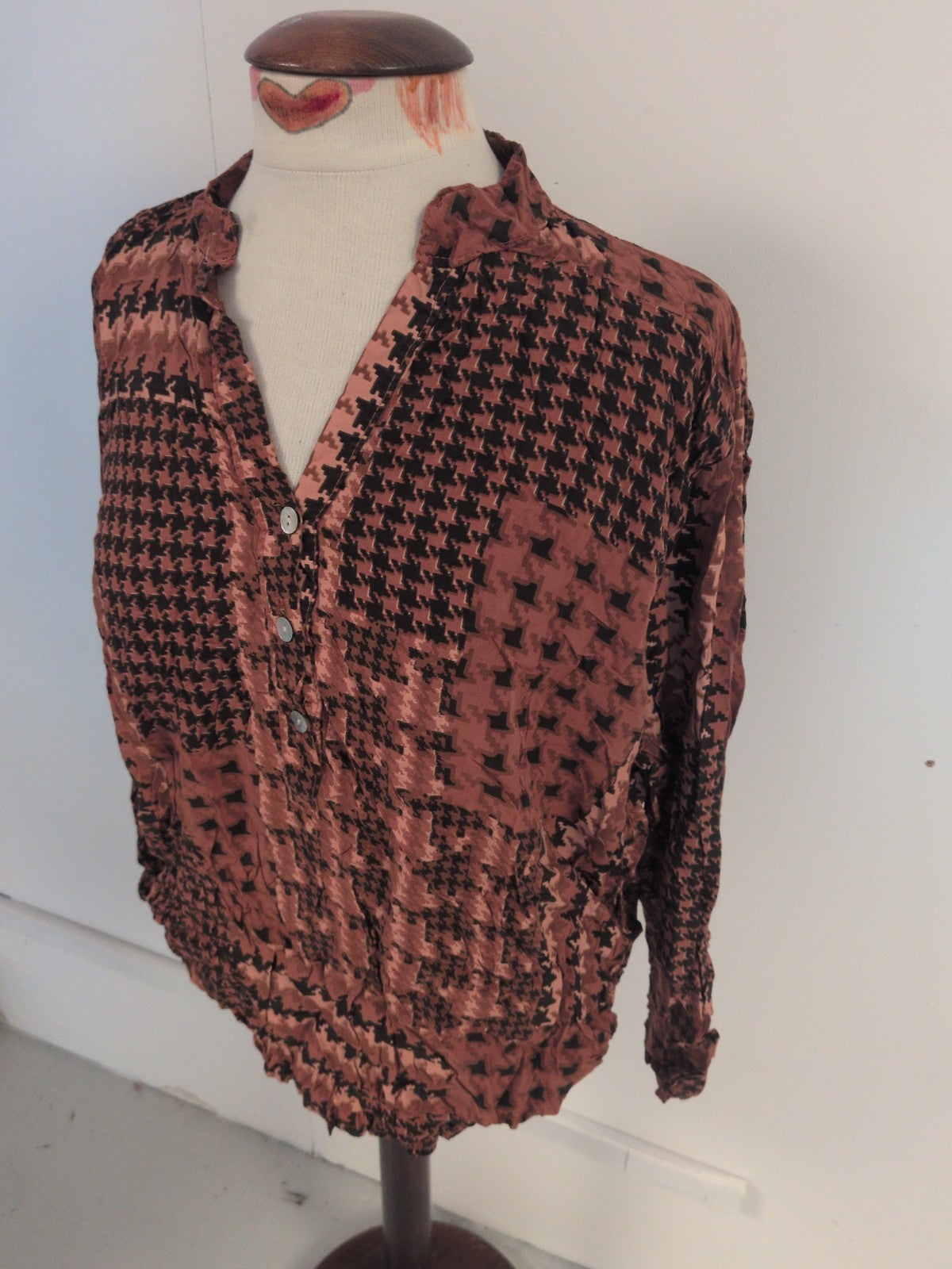 Large Brown And Black Long Sleeve Blouse V Neck