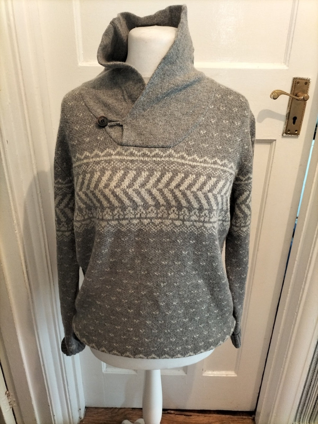 Rocha John Rocha Large Grey Cream Collared Long Sleeve Jumper Pullover