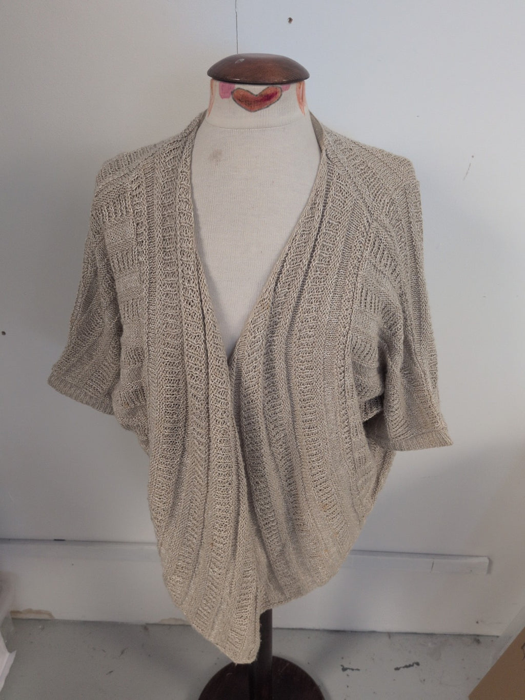 Per Una 14 Beige Knit Short Sleeve Waterfall Cardigan Open