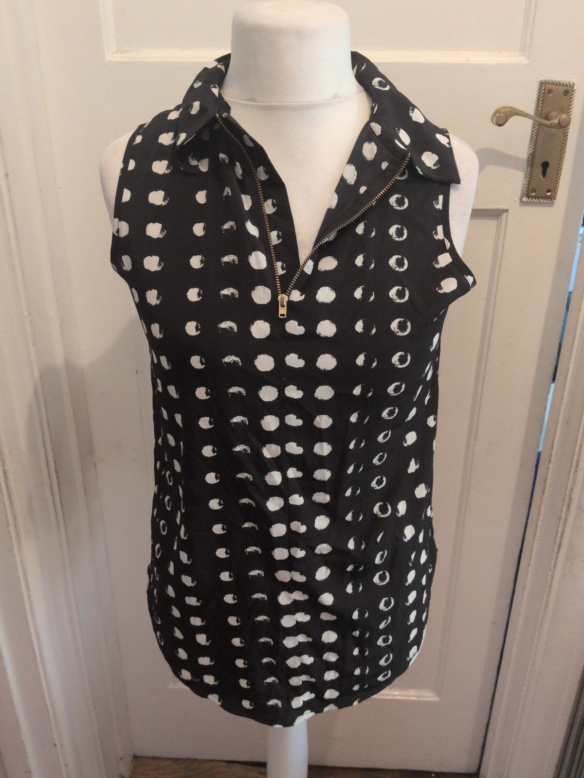 Ladies Next Size 12 Navy With Speckled Spots Collared Sleeveless Blouse