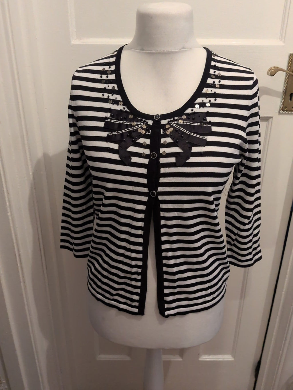 Gerry Weber 12 Navy And White Striped Buttoned Sequin Blouse
