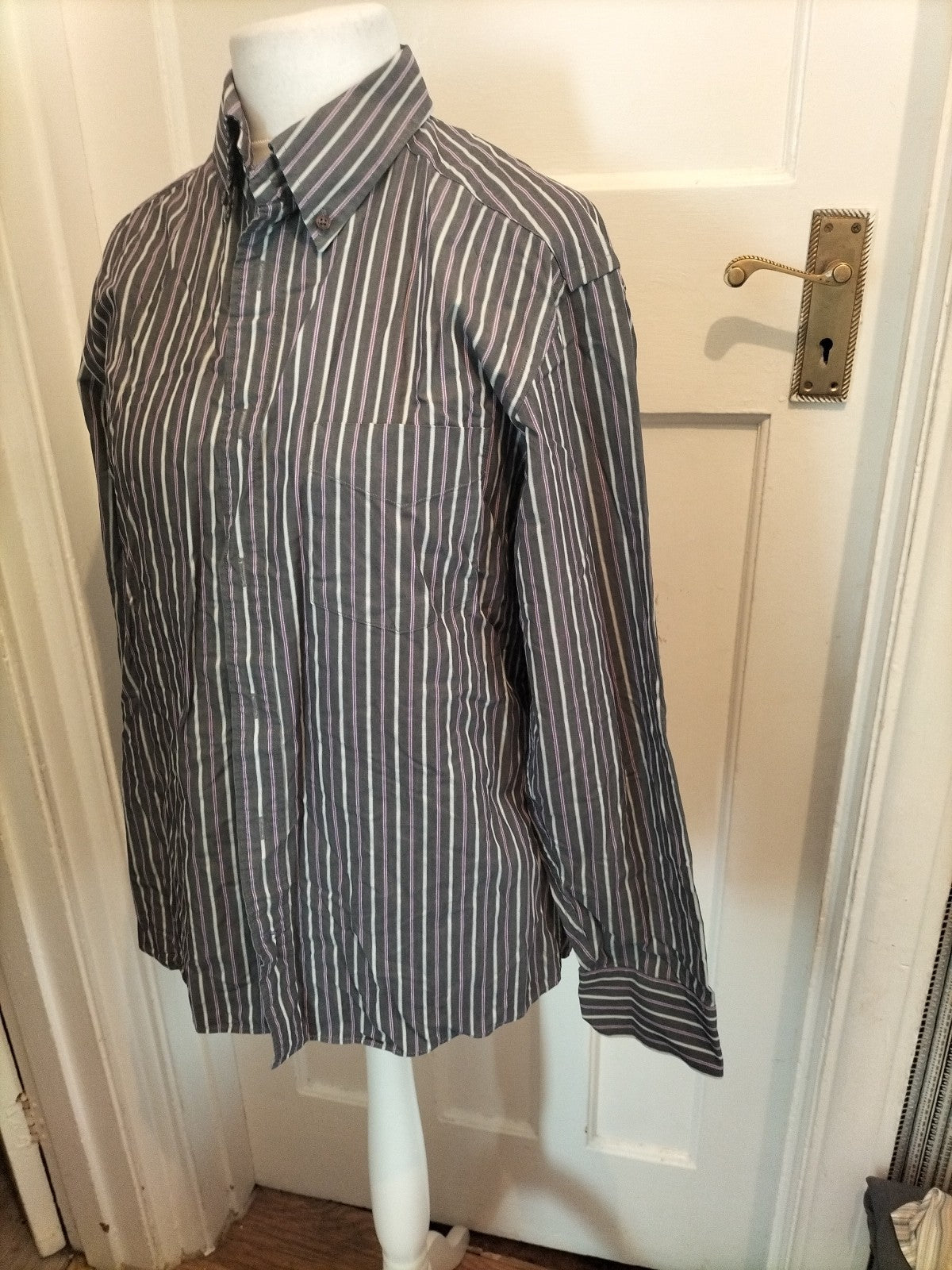 Mens Blue Harbour Size M Charcoal/Purple/White Striped Long Sleeved Shirt