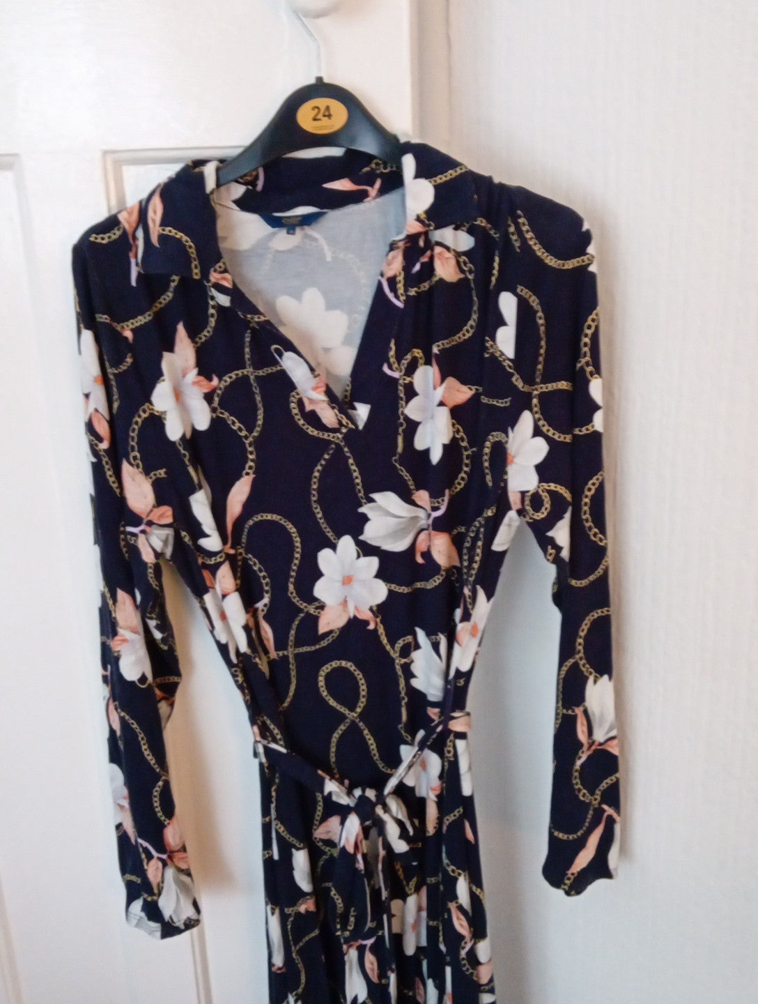 Ladies Cotton Traders Dress With Belt Long Sleeved Navy Chain Design Size 12