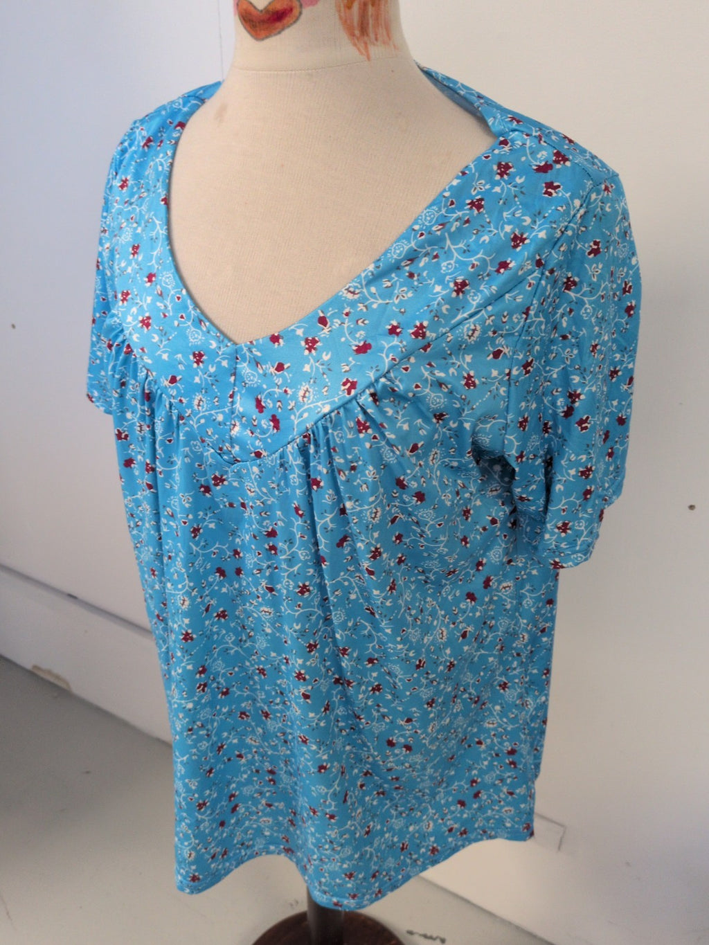 XL Blue Floral Blouse Short Sleeve