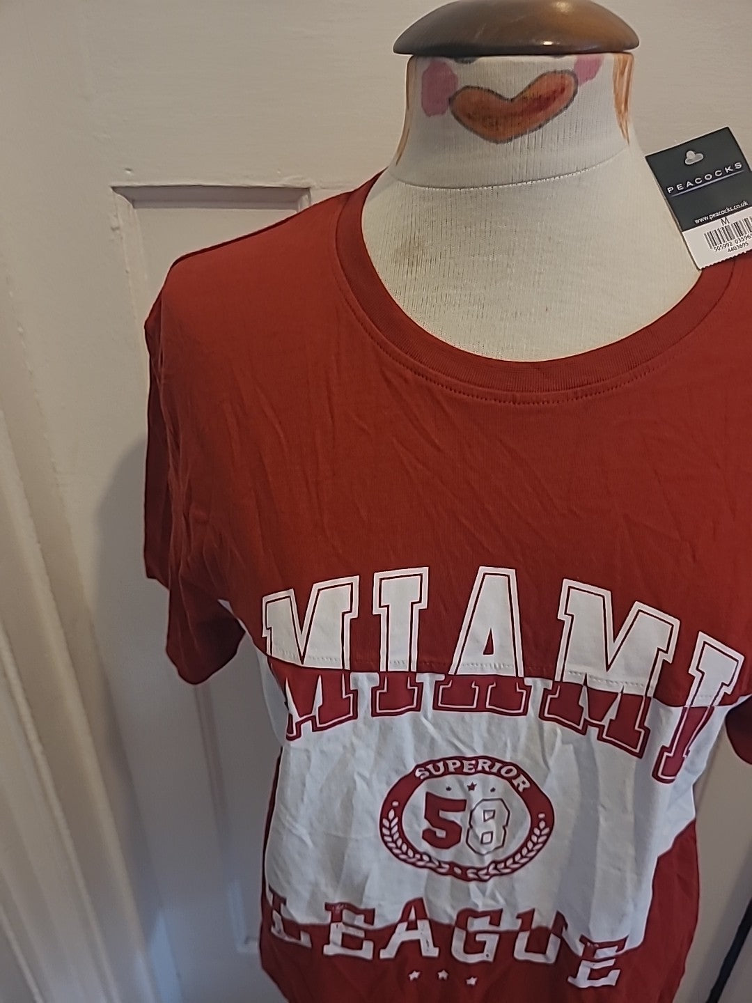 Brand New Mens Peacocks Size Medium Red White "Miami" Tshirt