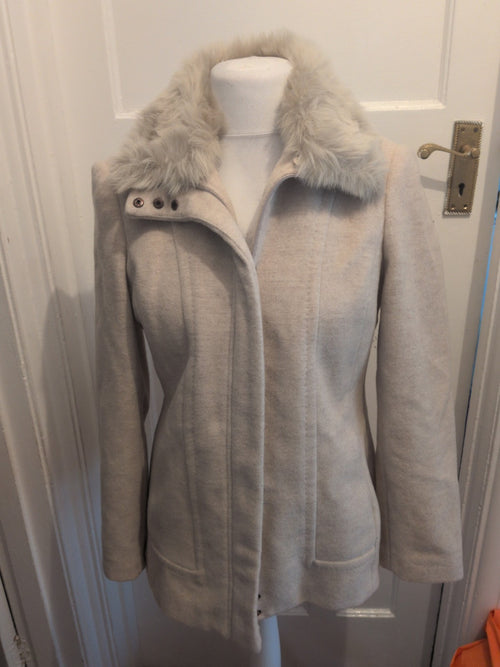 12 Beige Wool Faux Fur Collar Jacket Lined