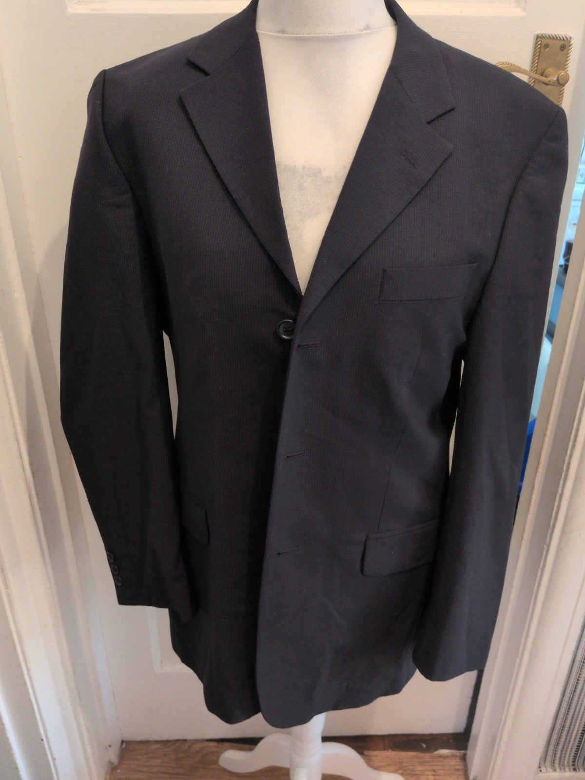 Karl Jackson 40R Wool With Lycra Pinstripe Black Suit Jacket