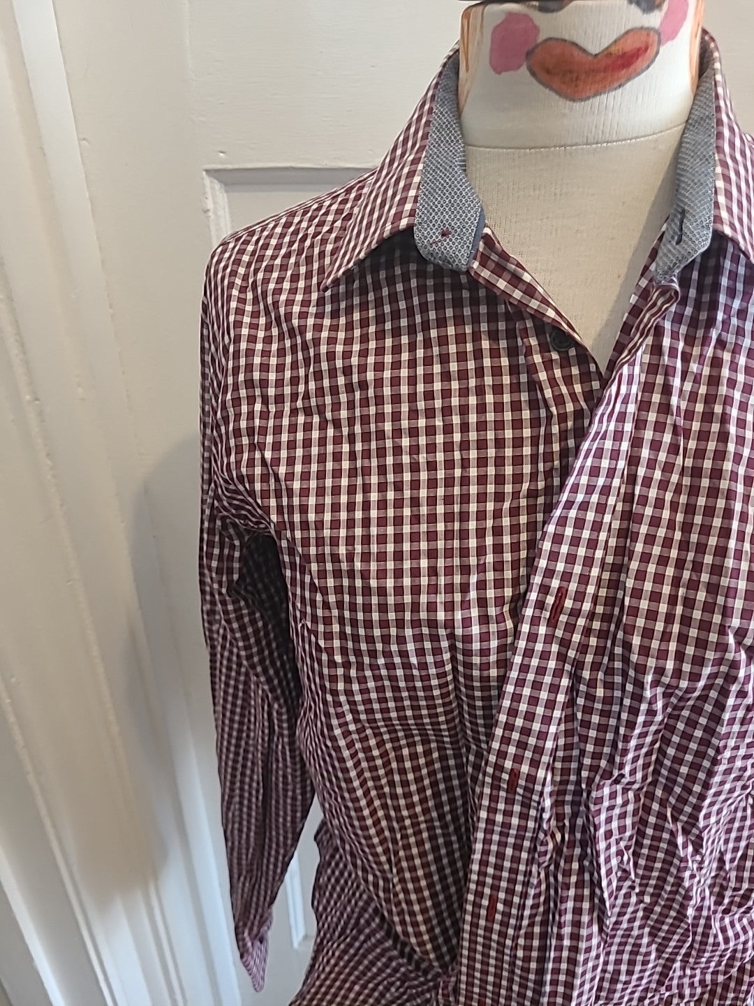 Mens Jeff Banks Size Medium Purple White Check Tailored Fit Long Sleeved Shirt
