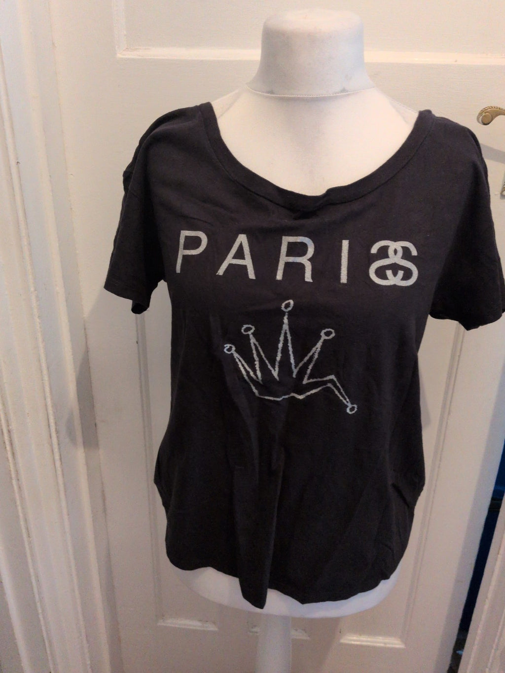 Ladies Medium Black Paris Print Short Sleeve T-shirt