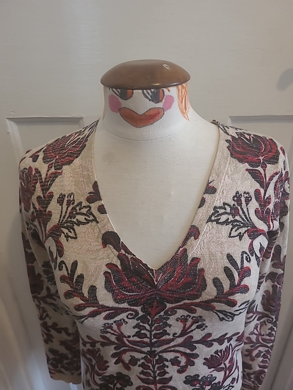 Ladies Next Size 8 Beige Black/Red Long Sleeved Longline Top
