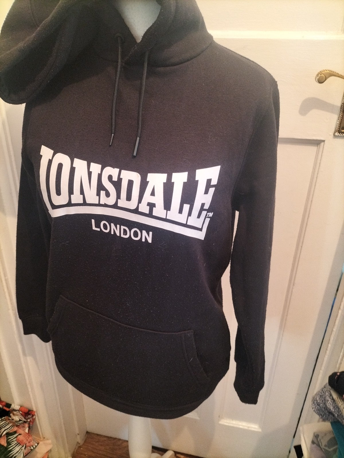 Lonsdale Small Black Print Pullover Hoodie Bobbling