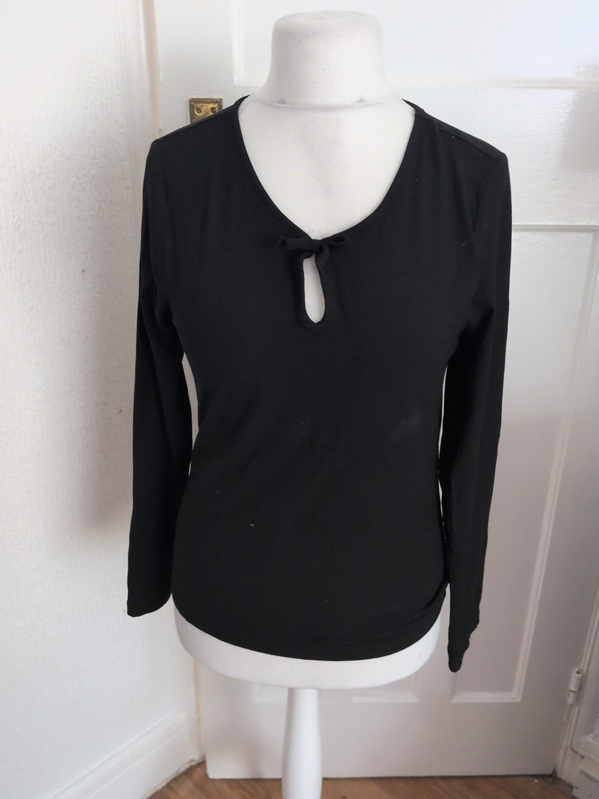 TU 14 Black Rib Long Sleeve Bow On Front Blouse