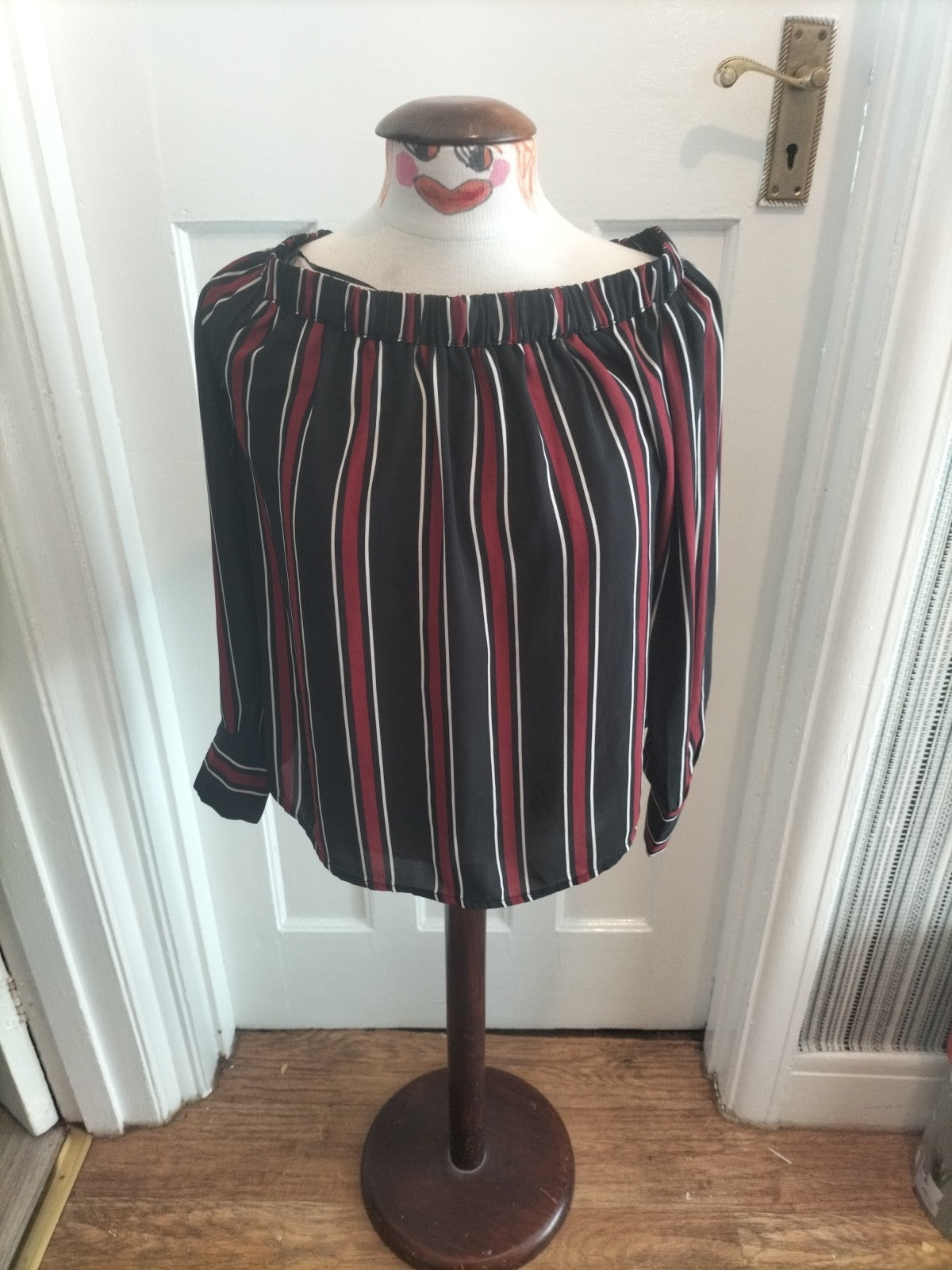Ladies Primark Size 10 Black White Purple Striped Top