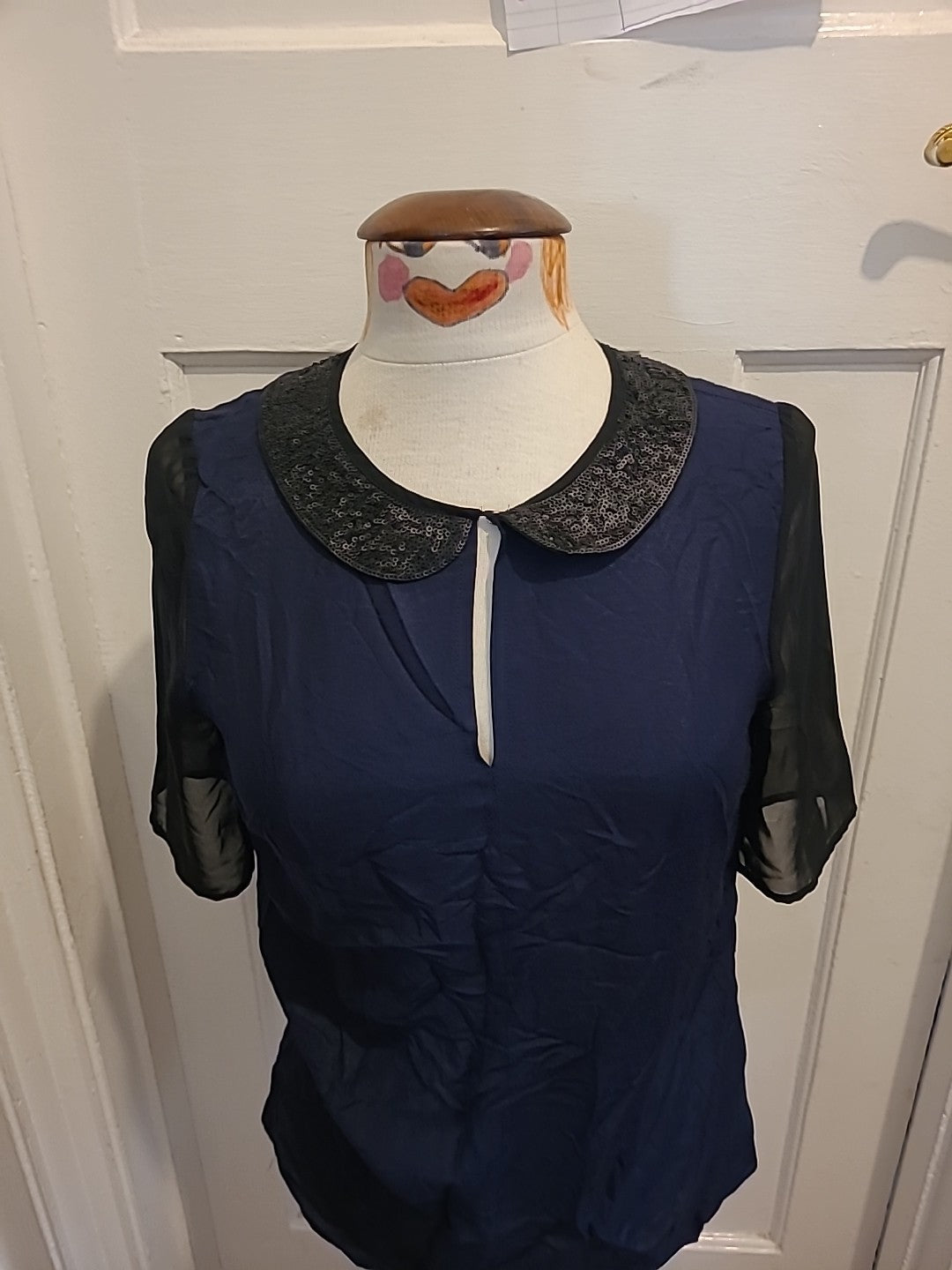 Ladies Next Size 8 Navy Short Sleeved Detail Neck Blouse