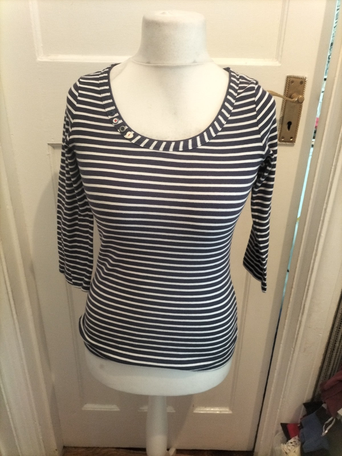 Medium Navy And White Striped Long Sleeved Blouse
