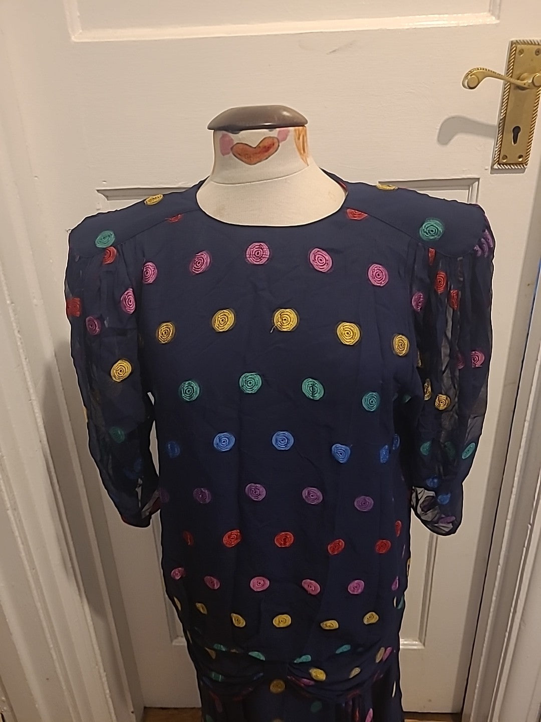 Ladies Tricoville Size 14 Navy Colorful Padded 3/4 Sleeve Dress