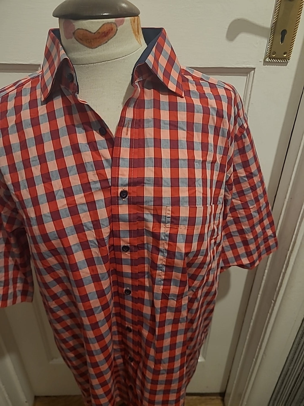 Mens Eterna Size 16.5" Red Check Comfort Fit Short Sleeved Shirt