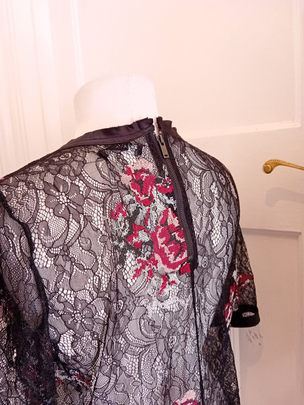 Ladies Next Size 12 Black Floral Lace Sea Through Short Sleeve Blouse Zip At...