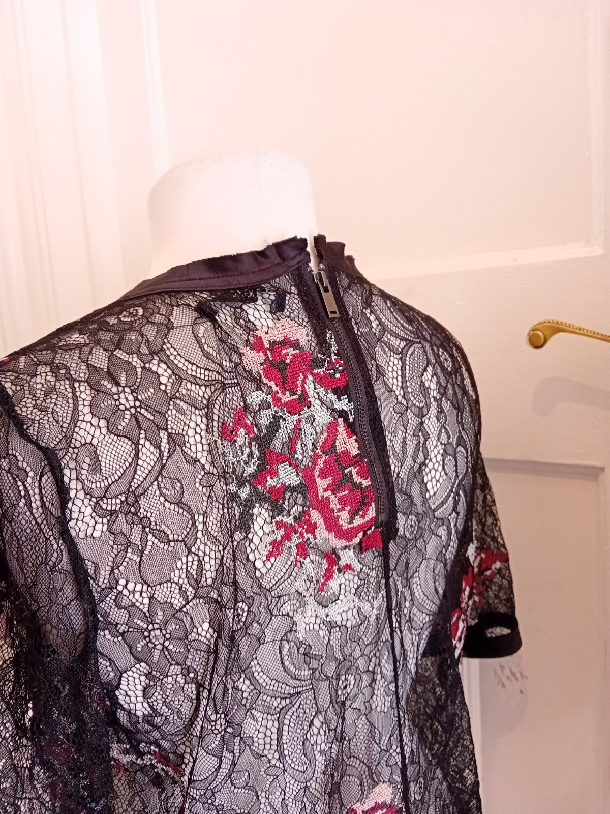 Ladies Next Size 12 Black Floral Lace Sea Through Short Sleeve Blouse Zip At...