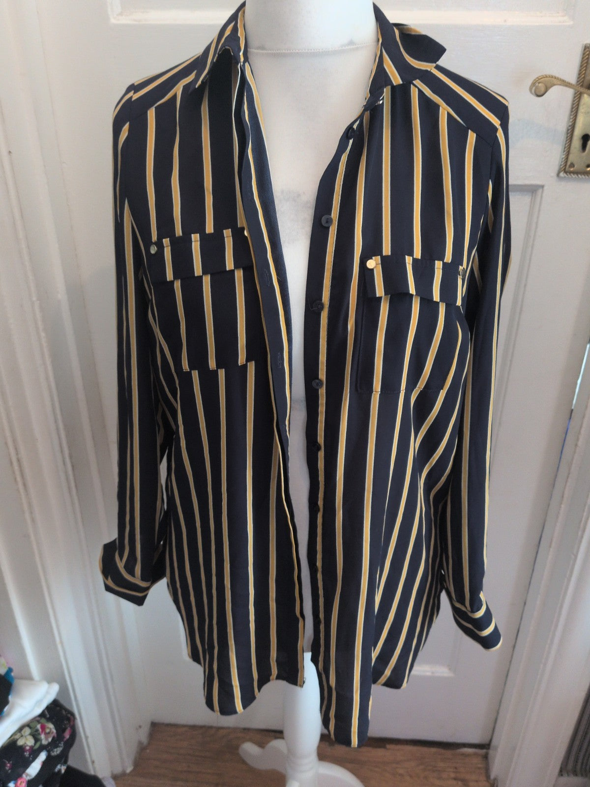 Primark 12 Navy And Yellow Stripe Long Sleeve Collared Buttoned Blouse