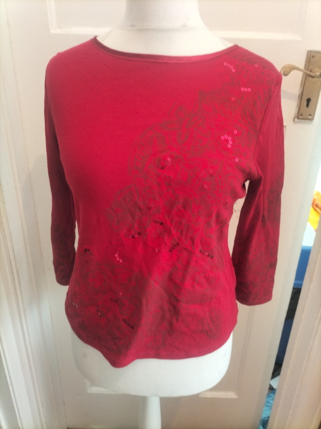 Brand New Marks And Spencer 16 Red Pattern Long Sleeve Blouse