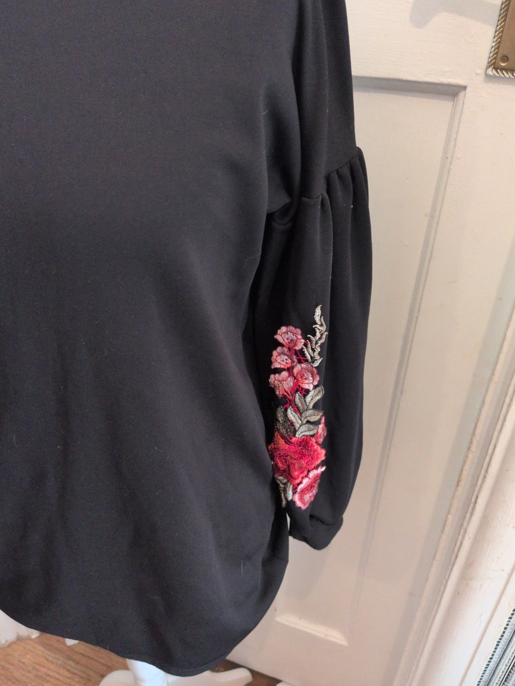 Ladies Large Black Sweatshirt With Floral Sleeves