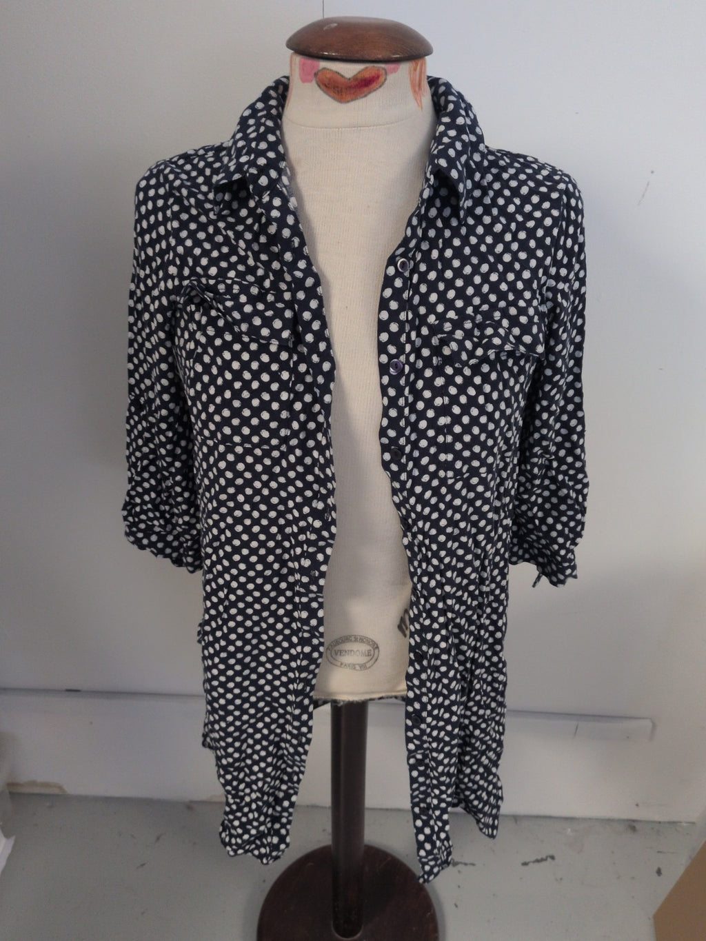 Dorothy Perkins 12 Navy And White Spot Buttoned Collared Blouse Long Sleeve