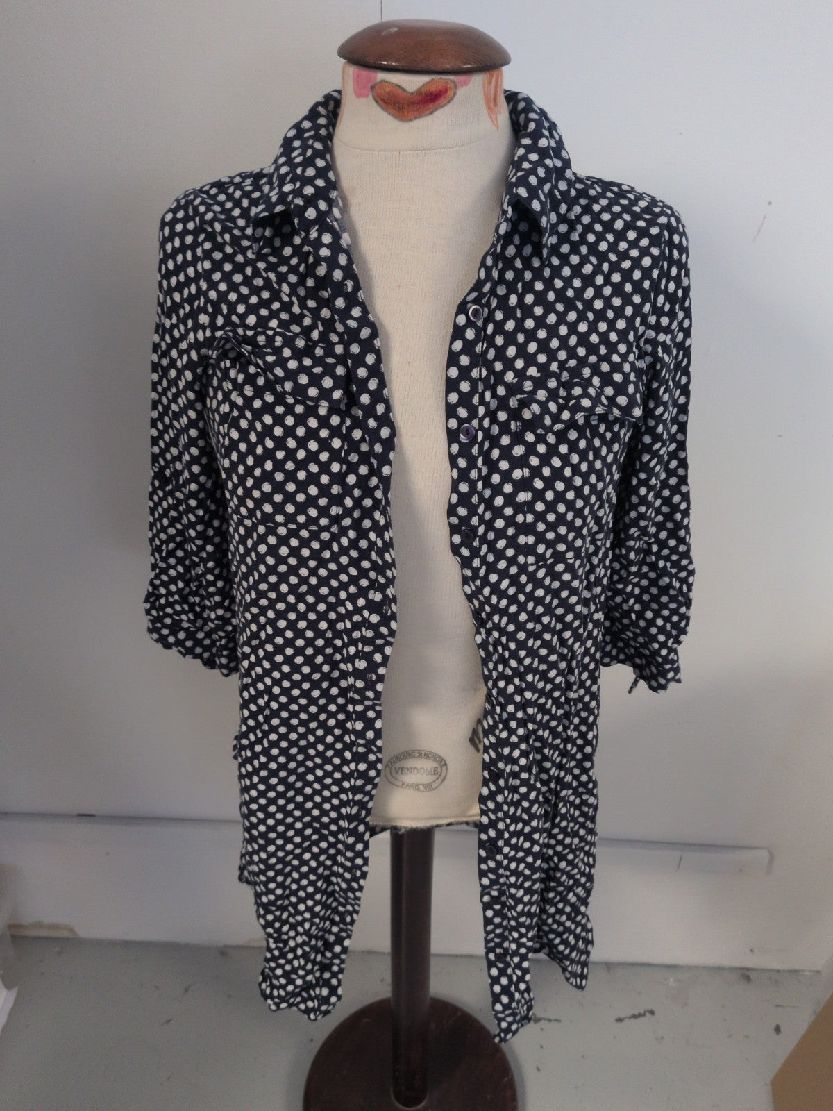 Dorothy Perkins 12 Navy And White Spot Buttoned Collared Blouse Long Sleeve